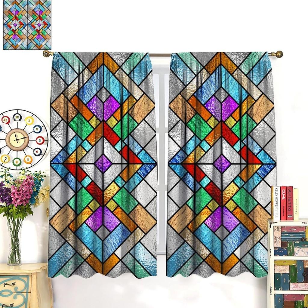 Stained Glass Curtains, Retro Colorful Style Art Printed Window Drapes for Bedroom Living Room Kitchen Decor Fabric 2 Panels