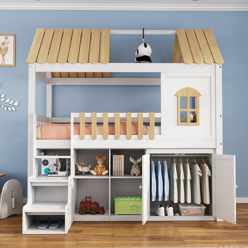Paturi supraetajate, Spațiu de depozitare generos, Dulap, Fereastră, Cadru din pin, Dulap pentru pantofi, Trepte, Design minimalist, Balustradă stabilă, Alb+Natural, 90x200cm