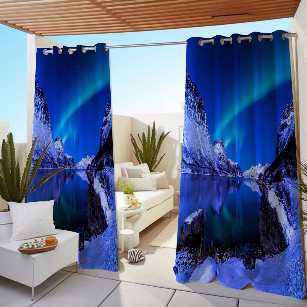 1 Pc Outdoor Waterproof Oil-proof Curtains,Modern Sunshade Curtain Aurora Natural Scenery Sky Star Print CurtainFor Living Room