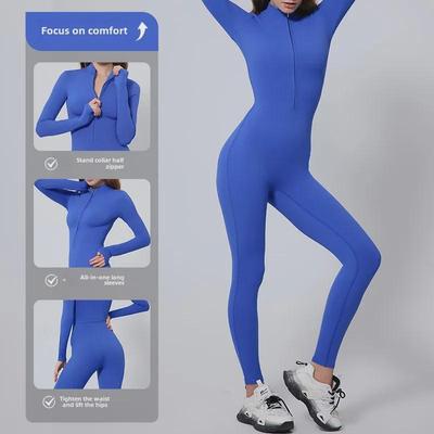 Women's Nude Long-Sleeve Zipper Yoga Jumpsuit for Running & Fitness