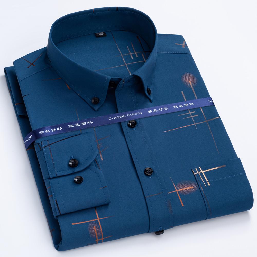 Men's Business Casual Hot Stamping Striped Print Dress Shirt, Slightly Stretch Unique Buttoned Collar Long Sleeve Pocket Shirts