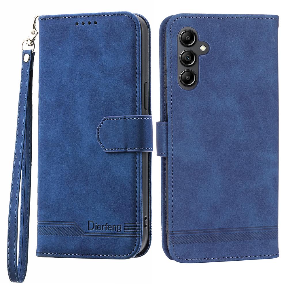 

DIERFENG DF-03 Phone Case Stand Wallet for Samsung Galaxy A14 5G/A14 4G PU Leather Lines Imprinted Phone Cover Blue