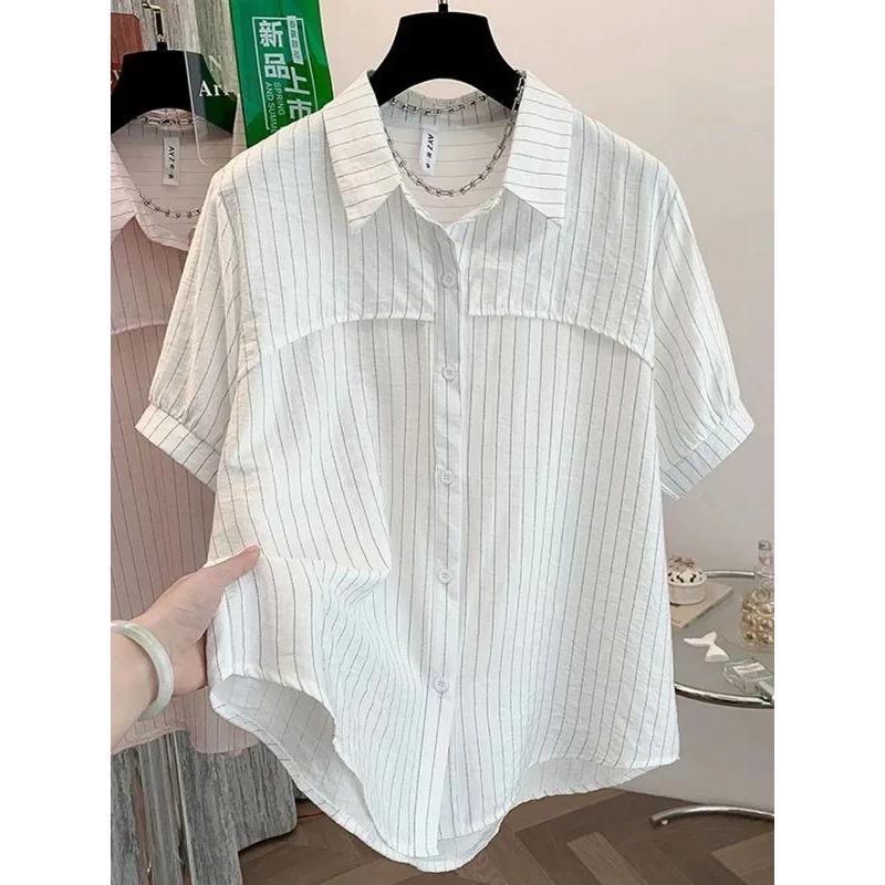 Women Striped Short Sleeve Shirt Blouse