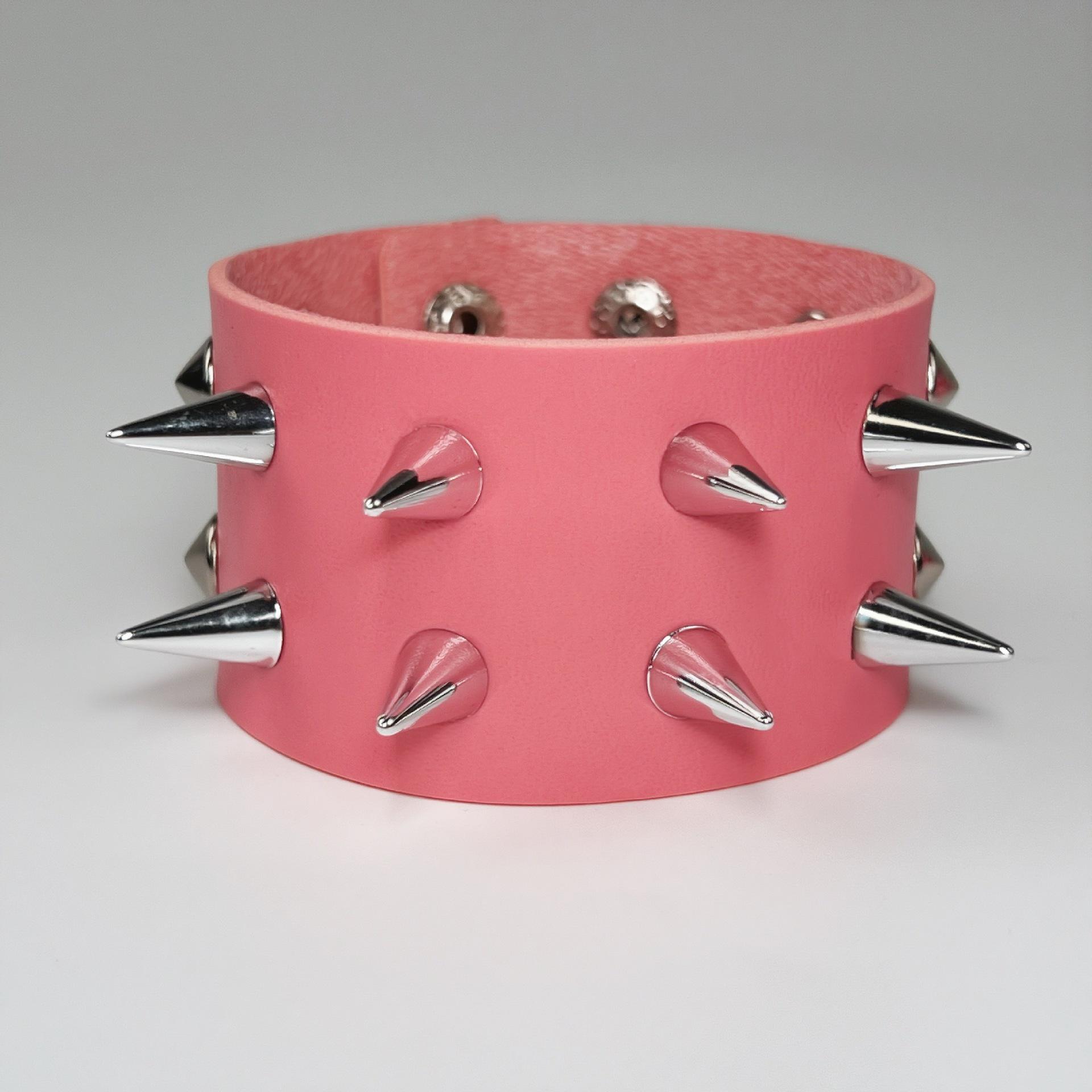 European-American Punk Leather Bracelet with Spiked Rivets, Gothic Style розовый