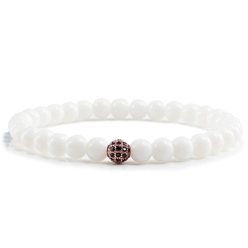 Black Frosted Copper Bead Bracelet with Micro-Inlaid Black Diamond and White Porcelain, Elastic Rope Jewelry for Men and Women. Gold Copper Beads