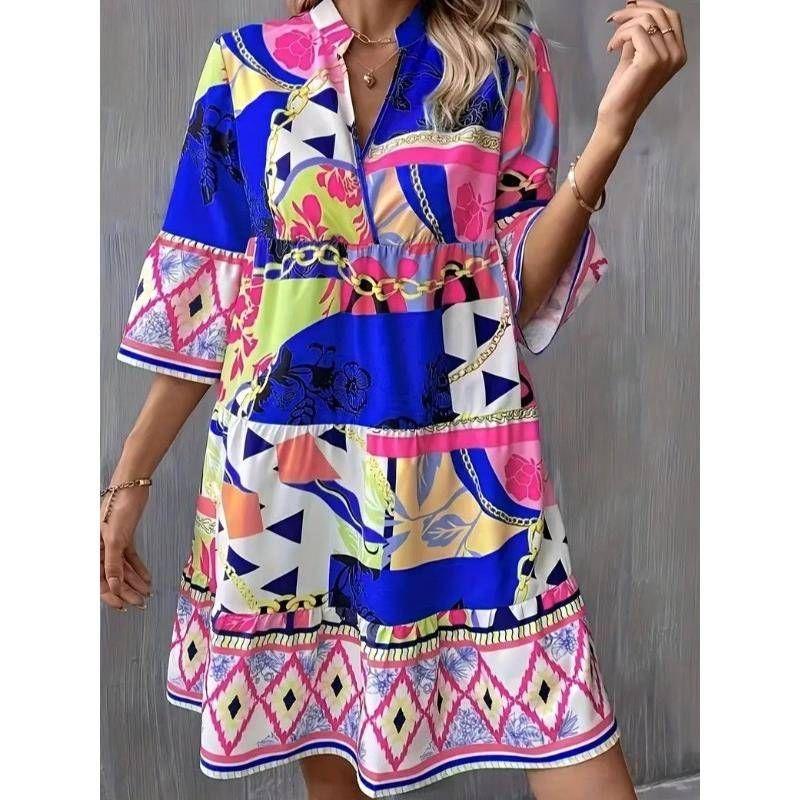 Fall Fashion New Arrival Fashion V Neck Chain Irregular Pattern Print Ruffles Hem Bell Sleeve Dress Dress
