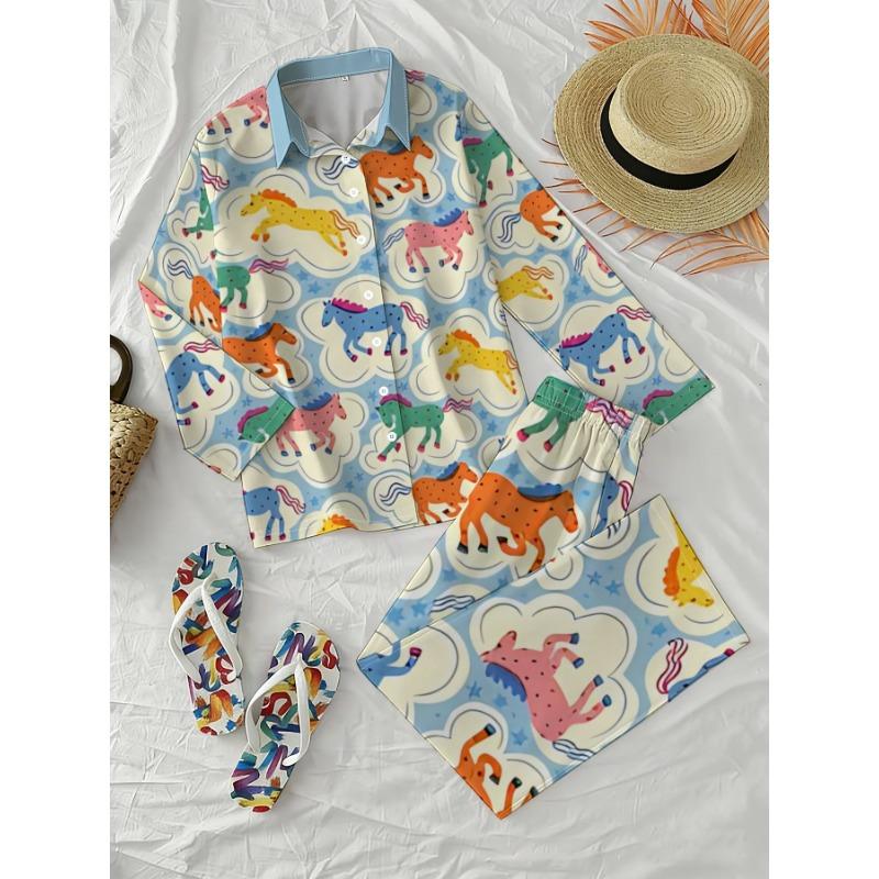 Childlike color pony print shirt wide leg pants two-piece set for women cute casual resort style long-sleeved trousers suit