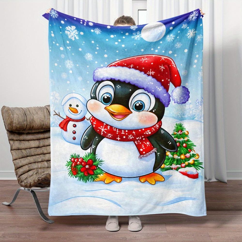 1pc Cute Penguin Christmas Hat Scarf Snowman Tree Flannel Blanket Holiday Gift for Kids Soft Cozy Winter Blanket