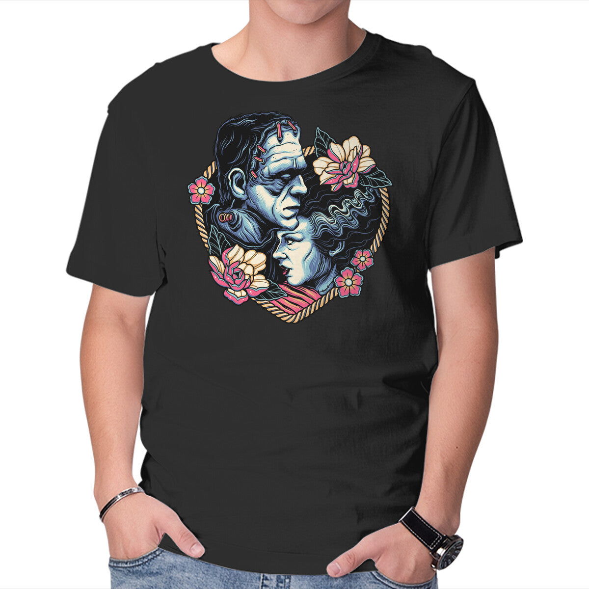 Unisex Crew Neck T-Shirt Love Monsters Graphic Short Sleeve Casual Tee S
