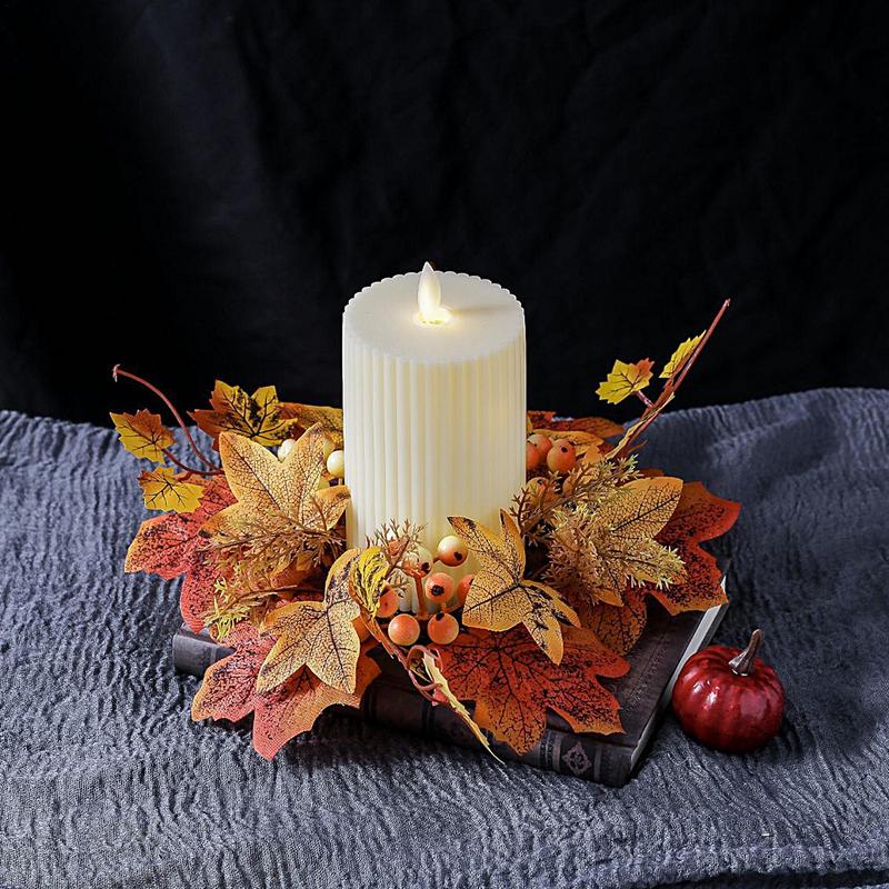 Fall Candle Ring 9.8Inch Maple Leaves Harvest Day Wreath Ring Holder Small Wreath Pillar Candle Holder for Home Party Decoration