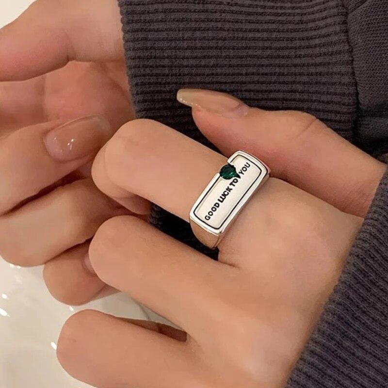 ANENJERY de culoare argintie verde zircon rar retro industria grea inel cu scrisoare norocoasă pentru femei cadou de bijuterii de petrecere