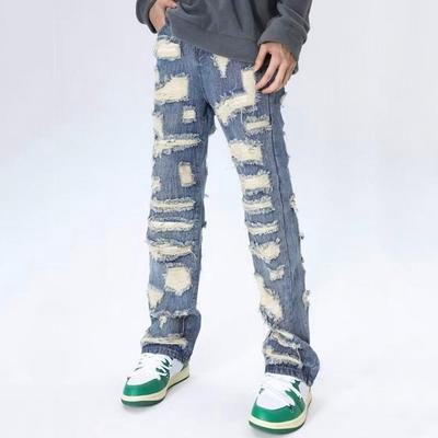 Men Jeans Distressed Washed Vintage Denim Pants with 4 Deep Pockets High Street Style Straight-Leg Denim Trousers