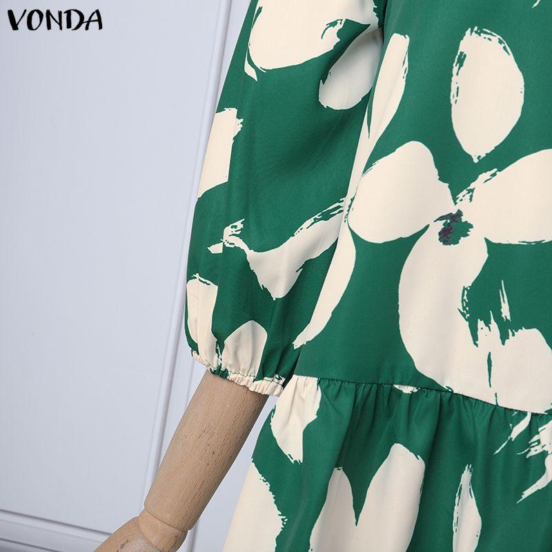 VONDA Elegant Women Stand Neck Puff Sleeve Floral Print Casual Loose Long Baggy Dress