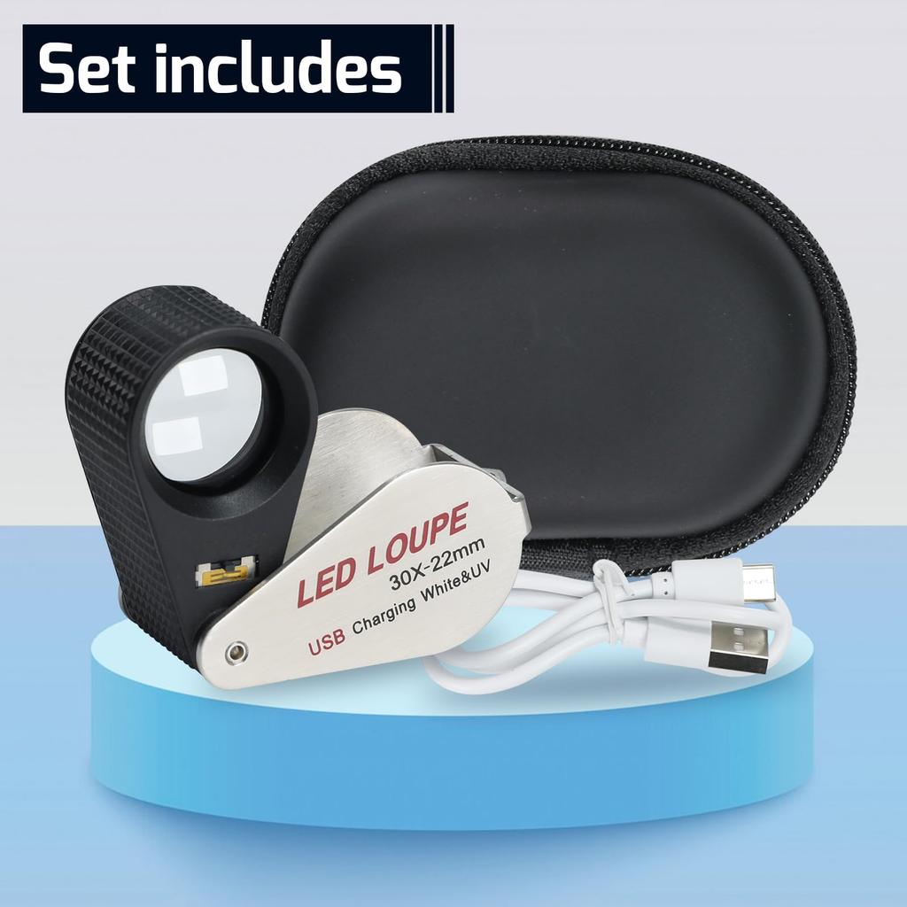 Beleuchtete Schmucklupe 30x Wiederaufladbare Faltbare Schmucklupe mit 6 LEDs UV-Licht für und mehr Glas, Vergrößerung, & Edelsteine,