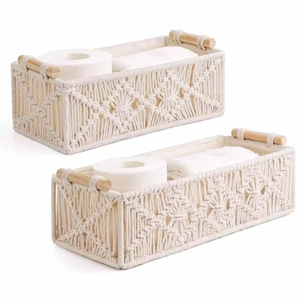 Decorative Macrame Organizer Box Grid Designed Woven Storage Basket Hand Woven Storage Box  Desktop