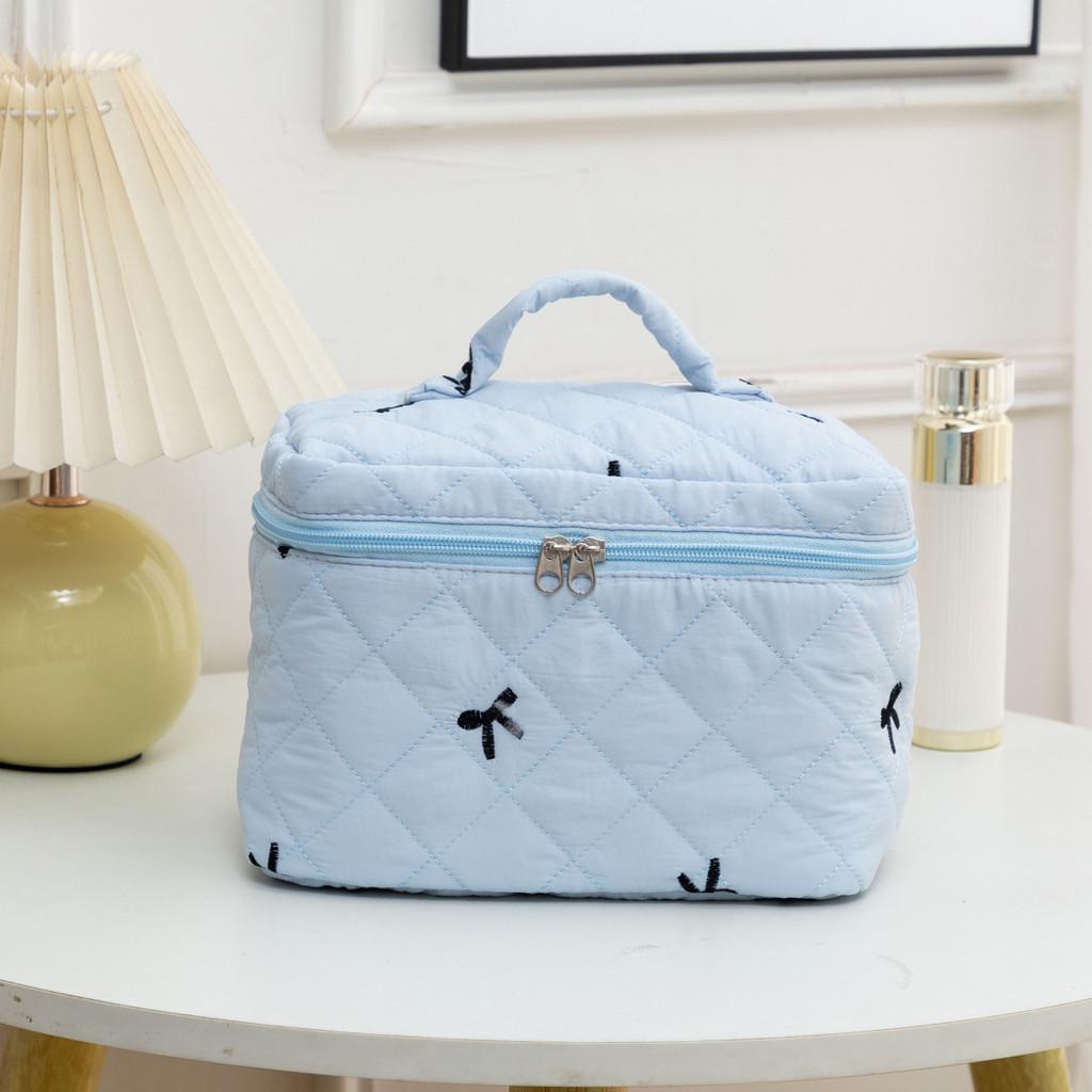 Floral Embroidered Bow Makeup Bag Large Capacity With Carry Handle For Daily Use