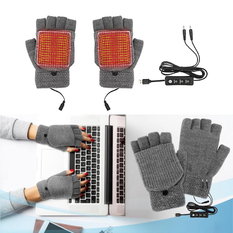 USB Heated Gloves Knitting Warmer Full & Half Fingerless Hands Hand Washable Plug-In 3 Temperature Settings Touchscreen Laptop