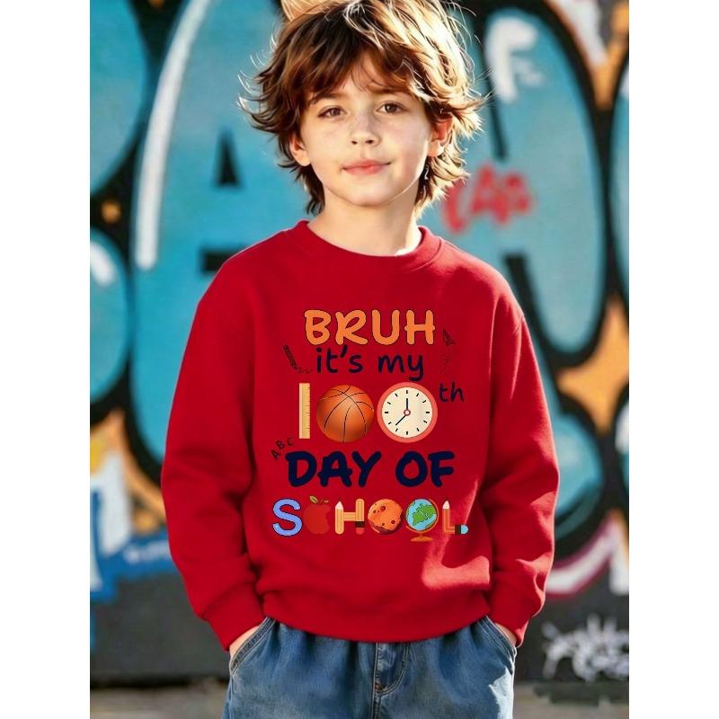 Kids Sweatshirt Round Neck Sweatshirt Spring Autumn 100 Days of School Commemoration Cartoon All-Match Print Casual Sweatshirt