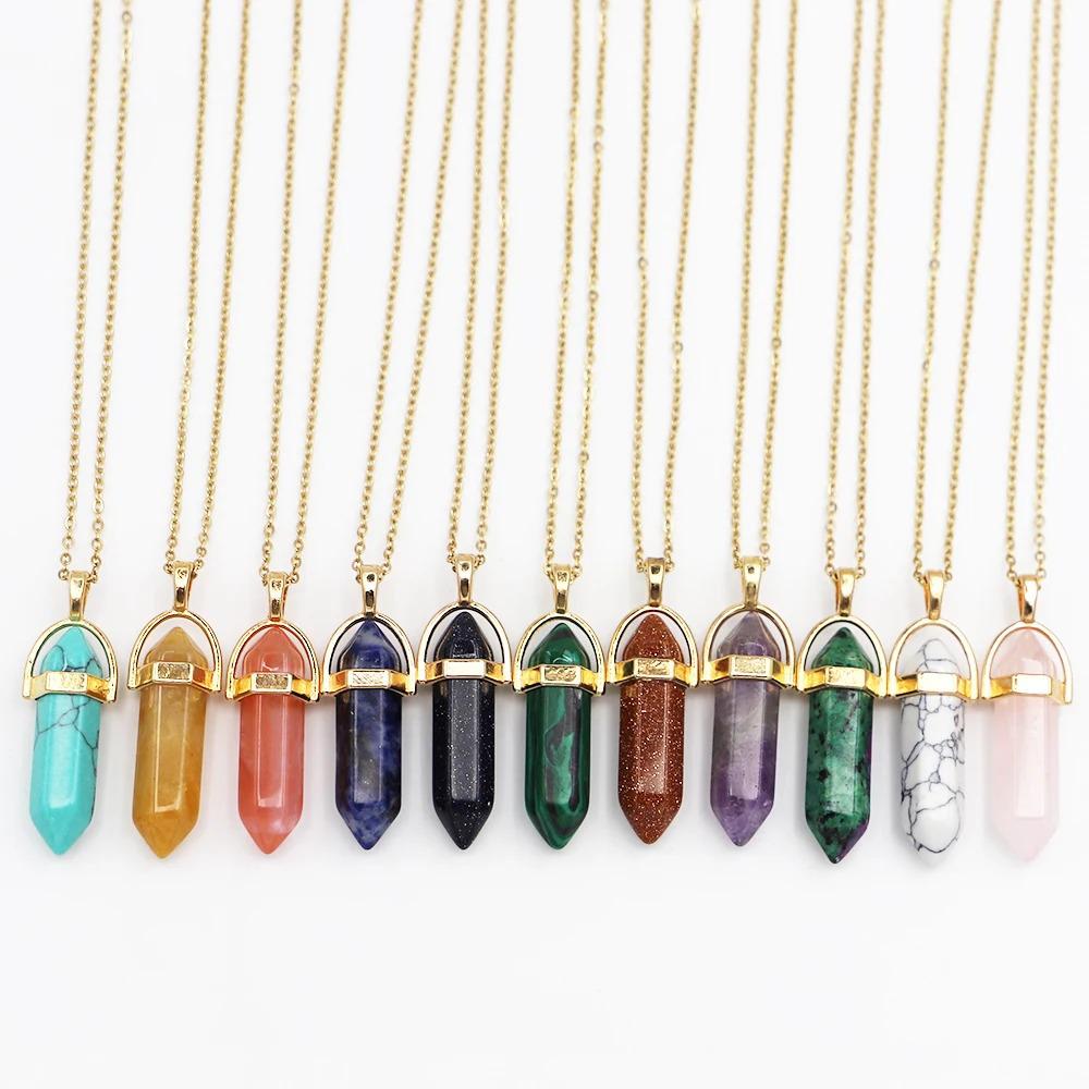 Crystal Agate Hexagonal Pendant Necklace with Gold Alloy Chain and Adjustable Extension