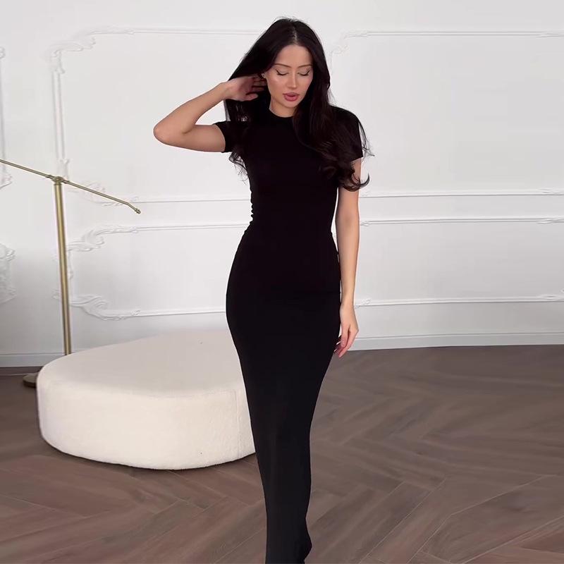 

2024 Летнее женское однотонное облегающее длинное платье, облегающее бедра XXXL чёрный