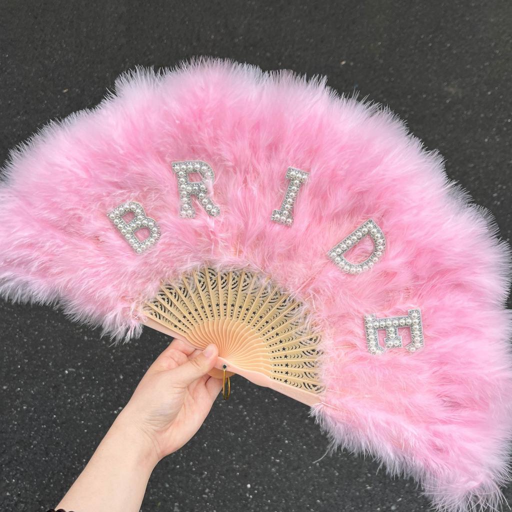 Bridal Accessories, Pearls, English Letters, Bride,White, Feather Folding Fan, Bachelor Party, Bride's Wedding Gift