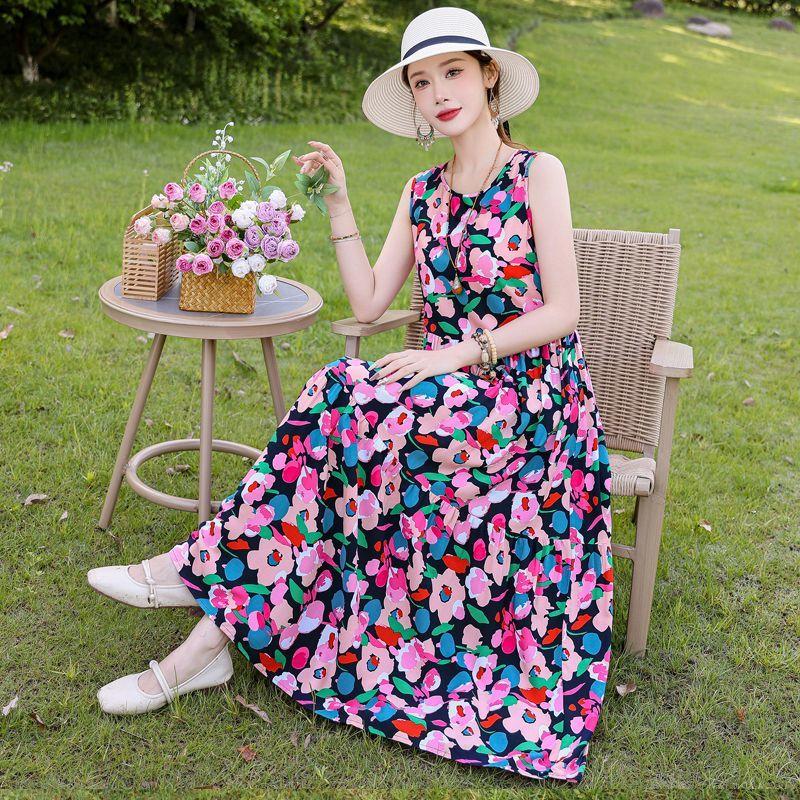 Sommer Fließendes Baumwollkleid Ärmellos Junge Frauen Strand Langes Kleid Urlaubs-Sommerkleid