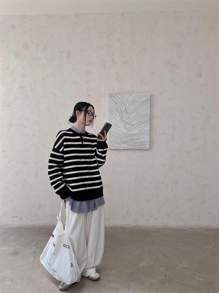 Women's Neutral Striped Sweater - Loose Fit, Warm Autumn/Winter Style