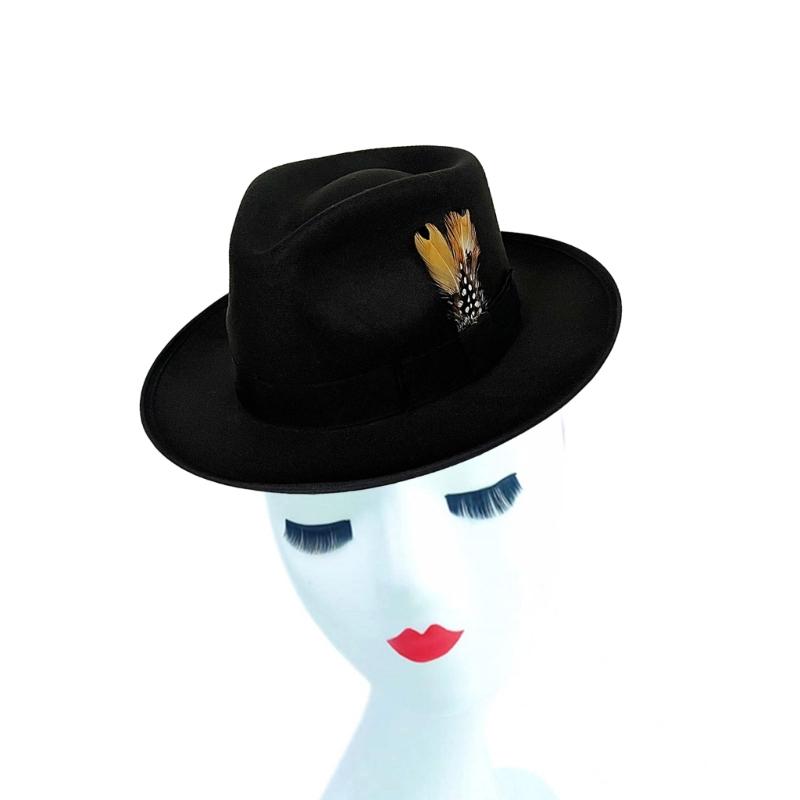 Black Fedora Hat for Men Women Party Hat with Feather Cosplay Costume Flat Top Hat Hippies Cap Stage Performances Props