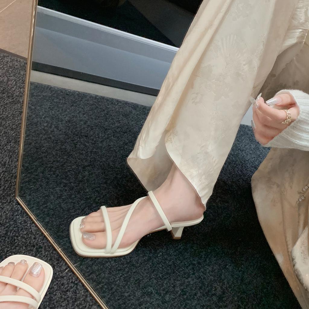 Sheepskin Version~ Leather French Strap High Heels Fairy Style Square Head Thin Cool Slippers Women Wear Temperament Sandals