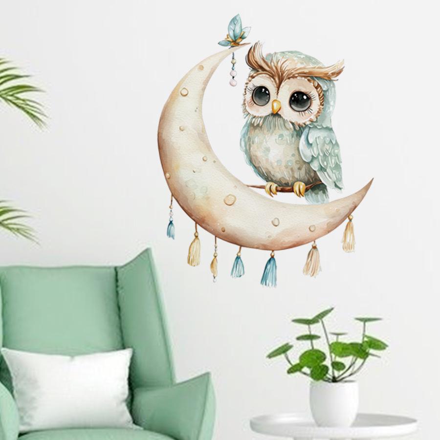 Watercolor Cute Owl Crescent Moon Healing Wall Sticker for Bedroom Bedside Warm Home Decor