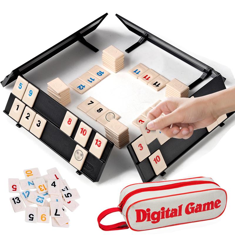 Juego Rummy Cube con 4 Atriles Set de Juego Rummy Cube de 106 Piezas con Estuche Portátil Set de Viaje de Fichas Rummy para Familia Juegos de Mesa Clásicos