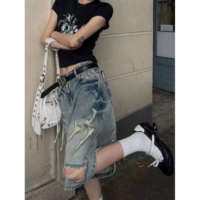 Women's Distressed Washed Denim Capris Loose Wide-Leg Ripped Mid-Length Jeans