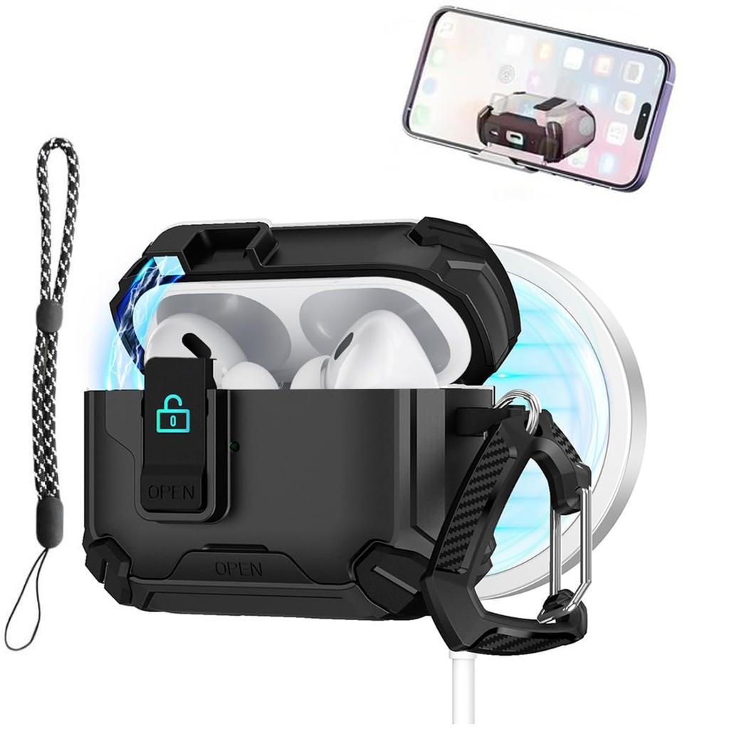 New for Airpods Pro 3 Case (2025) with Safety Lock & Phone Stand Protective Case with Lanyard for AirPods Pro 3rd Generation Cas