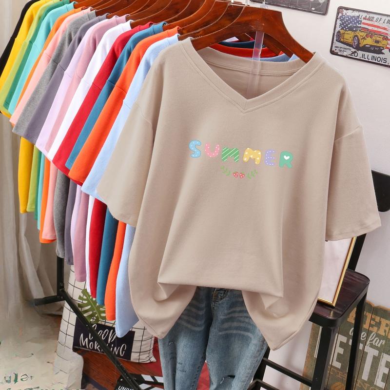 

Футболка с коротким рукавом, Свободного кроя, Приталенный топ с V-образным вырезом с принтом для женщин 5XL абрикосовый