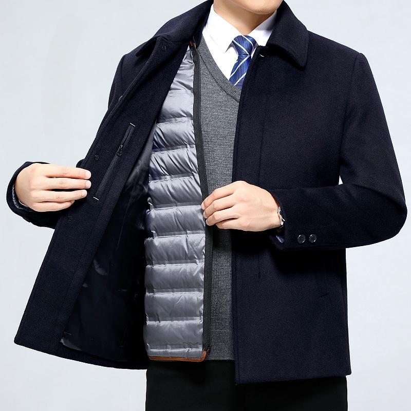 Kaschmirmantel Herren mittellang verdickt Winter Woll-Daunenfutterjacke für den mittelalten Papa