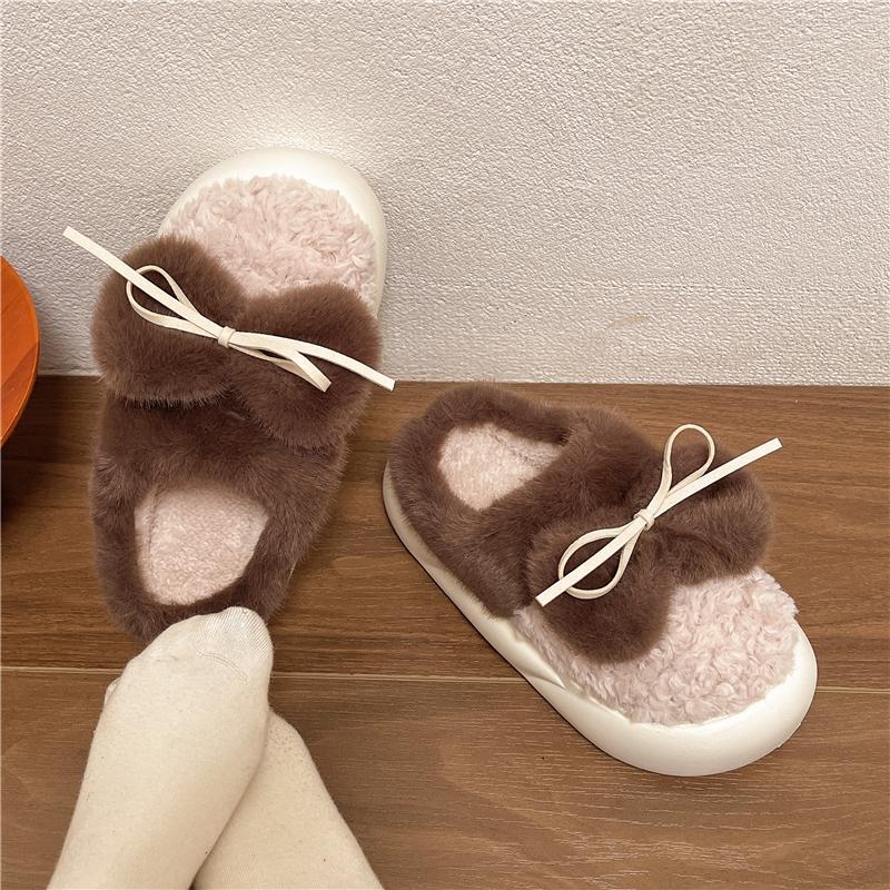 fashion Bow Fur Slippers for Women Comfortable Flat Thick Sole Household Cotton Shoes 2024 Winter New Women's Plush Warm Slippers