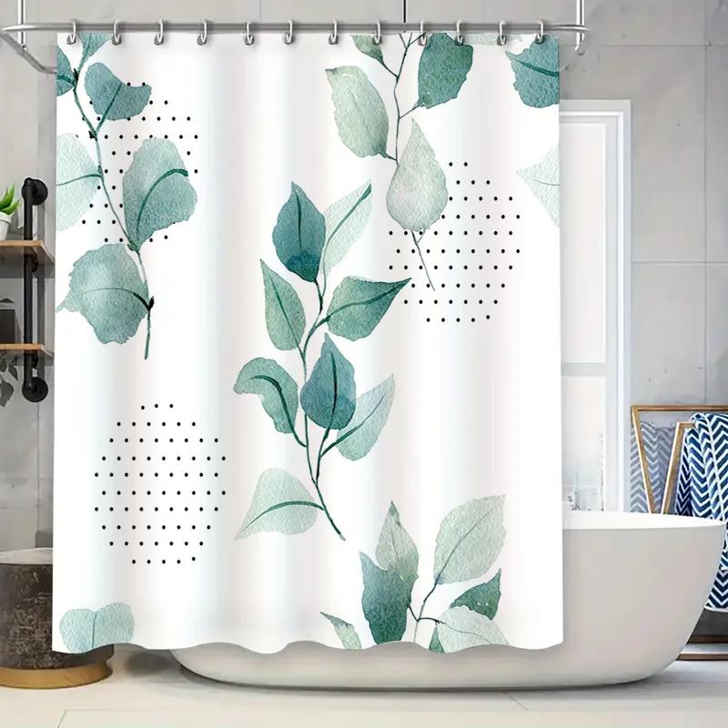 

Elegant Green Leaf Shower Curtain With Black Dots For Bathroom Decor Waterproof Fabric Bath Mat W60H190(CM)-1 Pcs