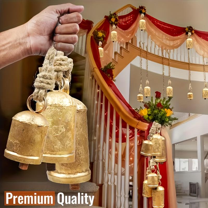 3pcs Handcrafted-Look Antique Golden Metal Christmas Bells - Rustic Farmhouse Vintage Cow Bells for Xmas, Thanksgiving & Year