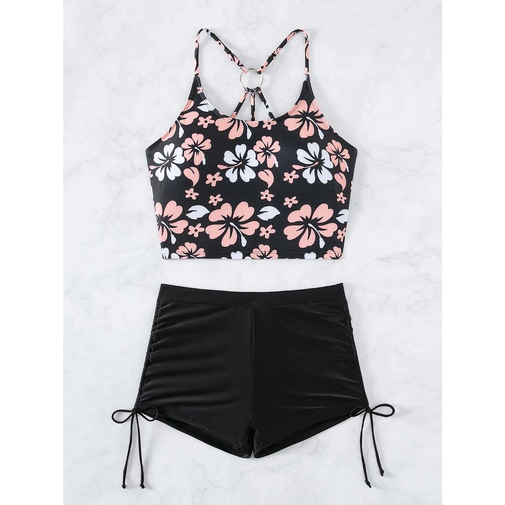 Printed Flower Tankini Set Girl Swimwear Adjustable Strap Vest Bra Female Flower Shorts Bikini Drawstring Women Beach Set