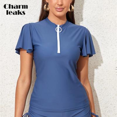 Top Rushguard Falbala blu tinta unita da donna con cerniera frontale