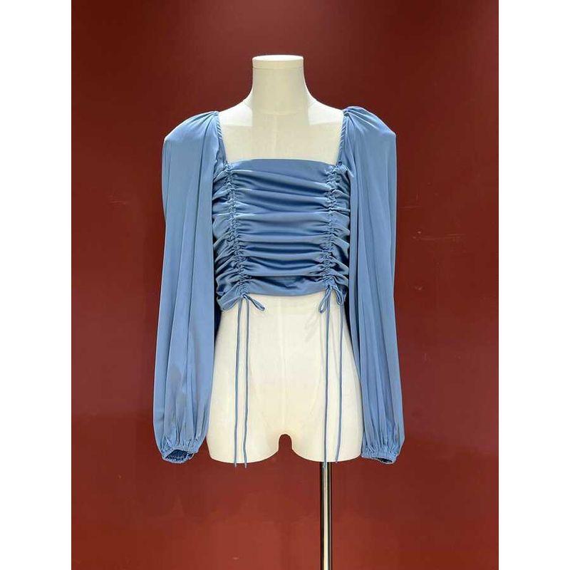 

Fashion Original Fashi **VE Spring & Fall New Arrival French Square Collar Satin Stitching Drawstring Puff Sleeves Small Shirt for Women Blue XS