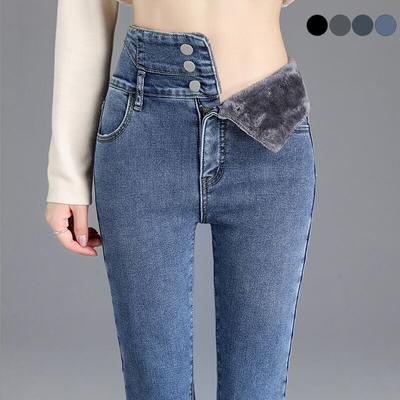 Térmica Inverno Lã Grossa Cintura Alta Quente Skinny Jeans Grosso Feminino Stretch Botão Calça Lápis Mãe Casual Veludo Jeans