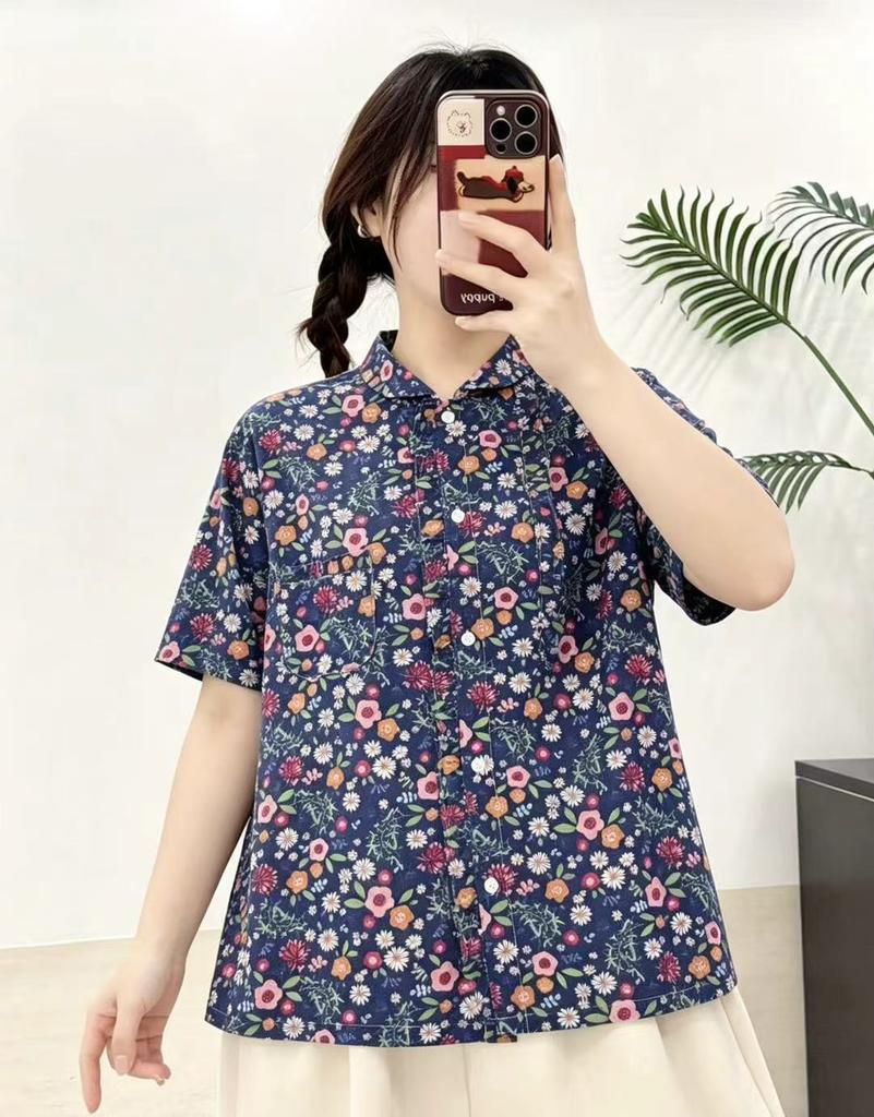 1116 Sommer Neu Damen Revers Japanisches Baumwollhemd Lockeres Hemd Oberteil Bedruckt Retro Literarischer und Künstlerischer Stil