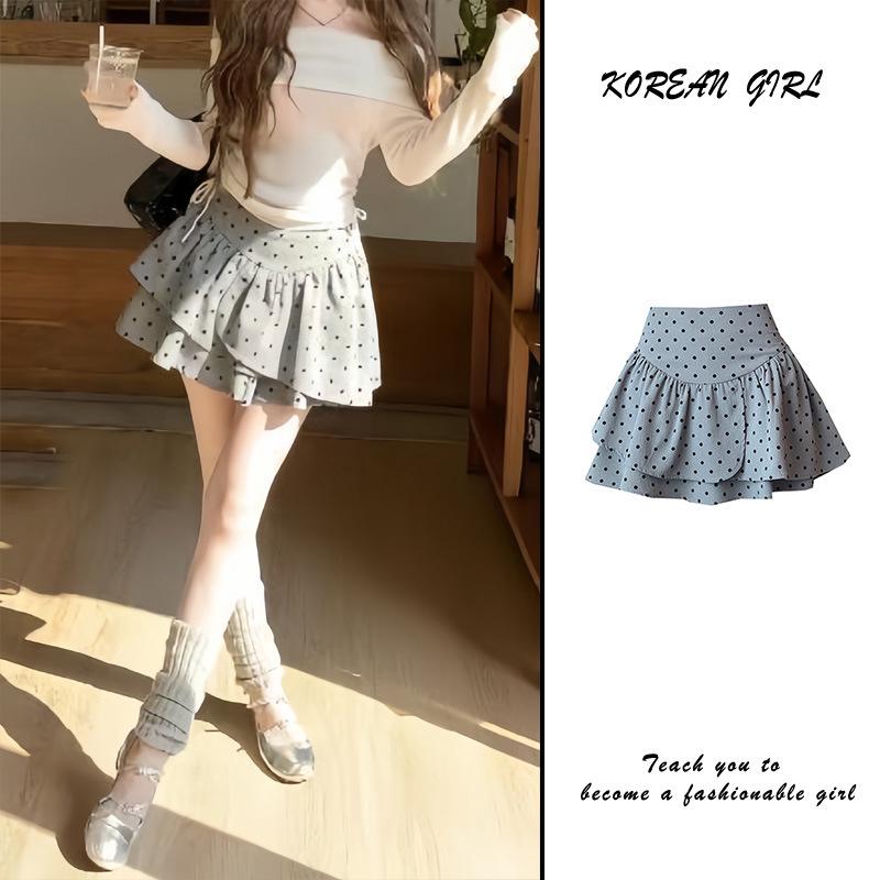 Petite High Waist Polka Dot Ruffle Skirt - Fluffy Slimming Short Skirt for Autumn 2025 S