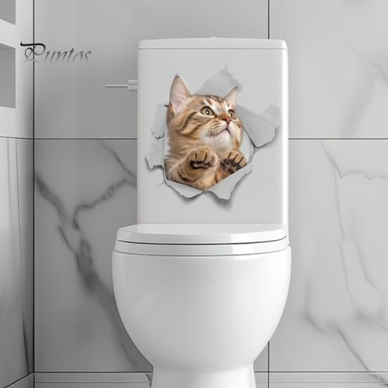 3D Pass Through Cat Toilet Sticker Removable Self-adhesive Waterproof PVC Living Room Bathroom Wall Art Broken Hole Kitten Toilet Lid Decoration Decal