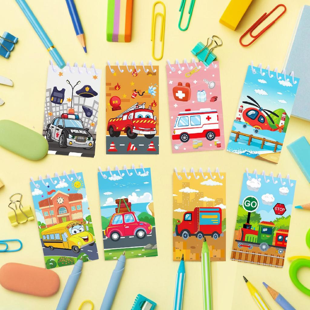 8pcs Vehicle Spiral Notebook Kids Transportation Cartoon Vertical Flip Notepad Colorful School Student Gift Classroom Supplies