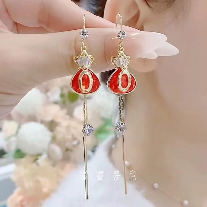 Fashion Atmospheric Red Velvet Bow Earrings Femininity Sweet Flower Long Fringed Versatile Earrings