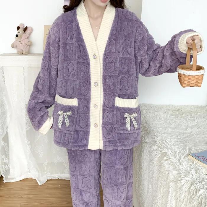 Übergröße Winter Damen Warme Heimkleidung Nachtwäsche Damen Flanell Dickes Korallenfleec Übergroßer Wollpijama Plüsch Korallensamt