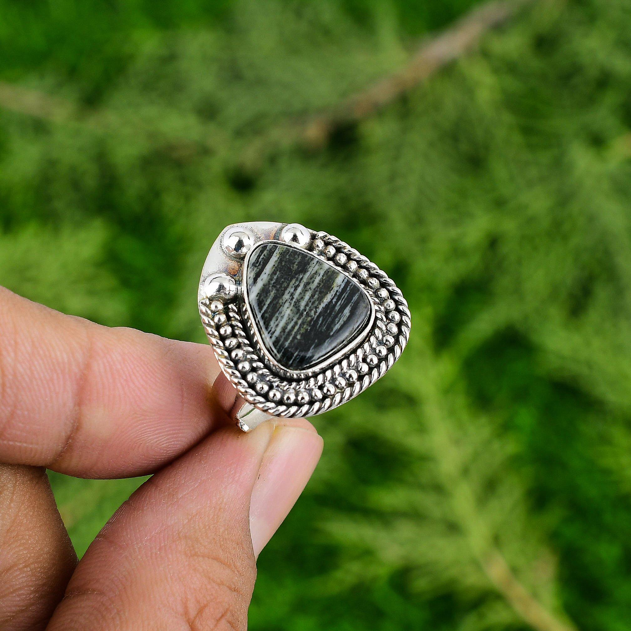 

Natural Silver Leaf Jasper Promise Engagement Wife Ring Jewelry Sterling Silver Adjustable