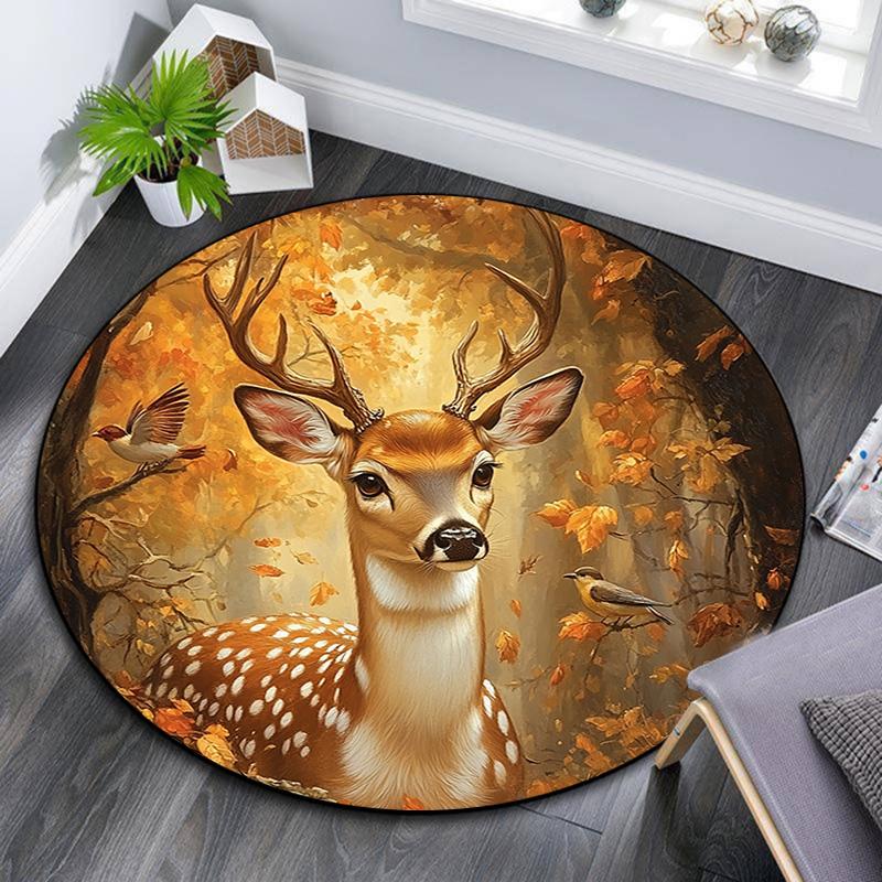 Autumn Forest Deer Round Area Rug,Carpet Rug for Living Room Bedroom Sofa Playroom Decor,Non-slip Floor Mat